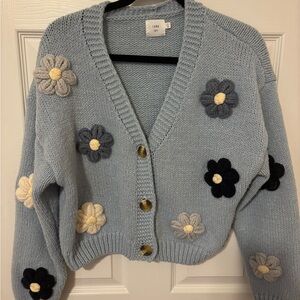 Luna Ivy Blue Floral Appliqué Knit Cardigan